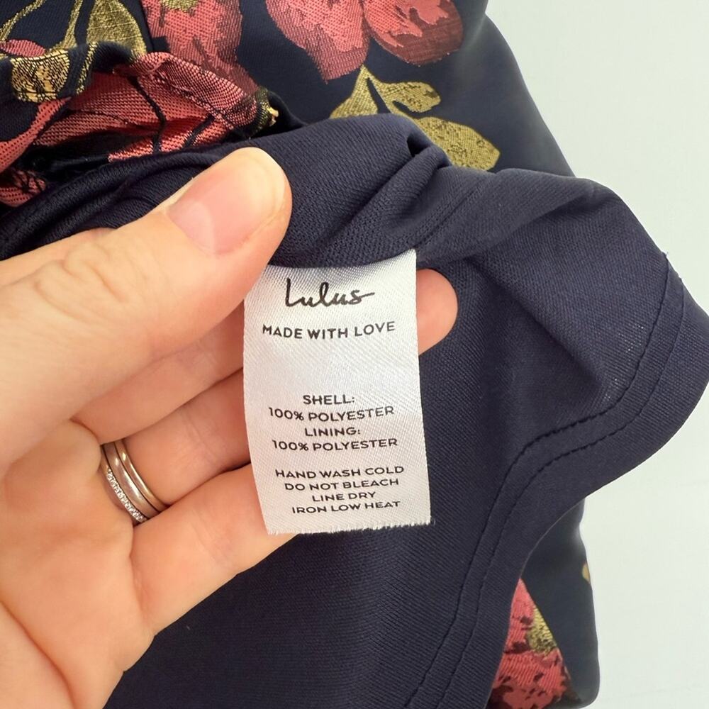 Lulu’s Pop The Bottle Navy Blue Floral Jacquard Ruffled Mini Dress - Picture 9 of 10